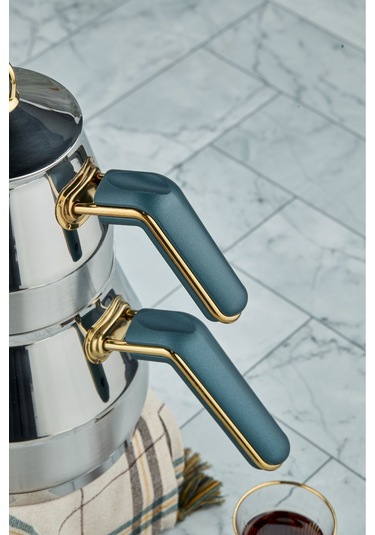 Everest 18/10 Paslanmaz Çelik Orta Boy Çaydanlık 0,75 L Demlik 1,75 L Alt Hazne Yeşil