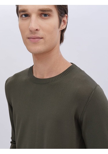 Haki Bisiklet Yaka Düz Örgü Triko Haki