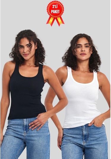 Comeor Kadın Siyah-beyaz Fitilli Görünümlü Askılı Kalın 2'li Basic Atlet Bluz Cmrb92 001