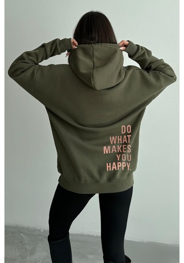 Kadın Haki Do What Makes You Happy Baskılı Oversize Kapüşonlu Sweatshirt Haki