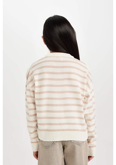 DeFacto Kız Çocuk Bisiklet Yaka Çizgili Triko Kazak D6759A8NSPN26 Pembe