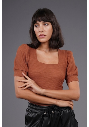 Gabria Kadın Kare Yaka Örme Bluz Tarcın Tarçın