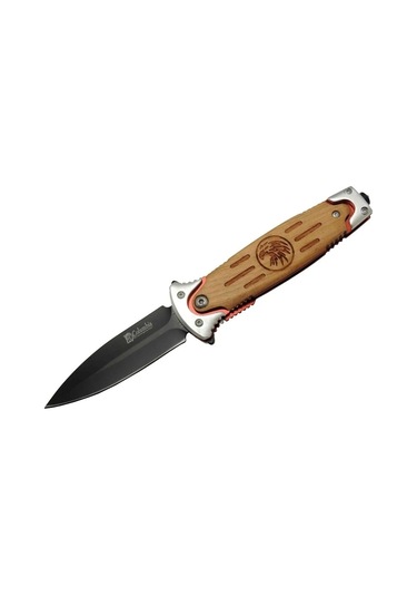 Fs 11032 Kahverengi Kurtarma / Kamp Çakısı 20cm - Kartal İşlemeli Ahşap Sap, Cam Kırma Aparatlı Çok Renkli