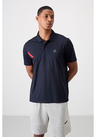 Lacivert Nefes Alan Dokulu İnce Esnek Standart Fit Polo Yaka Erkek Performans T-shirt - 88402 Lacivert