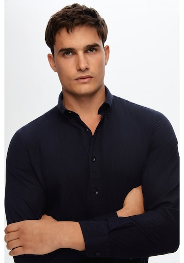 D'S Damat Ds Damat Slim Fit Lacivert Düğmeli Yaka %100 Pamuk Yazlık Flamlı Keten Görünümlü Gömlek 6HC02ORT63265 Lacivert