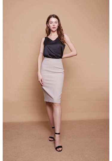 Astarlı Yüksek Bel Diz Altı Hafif Likralı Yırtmaçlı Kumaş Ofis Kalem Etek-taş Taş