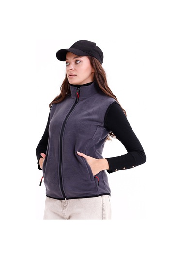 Monox Kadın Slim Fit Tam Fermuarlı Polar Yelek Füme