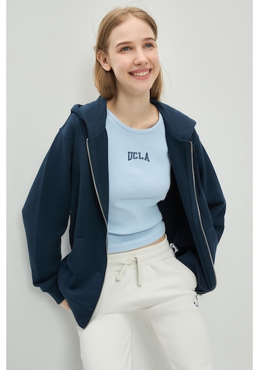Ucla Vıvıana Lacivert Kapüşonlu Baskılı Fermuarlı Standard Fit Kadın Sweatshirt Lacivert