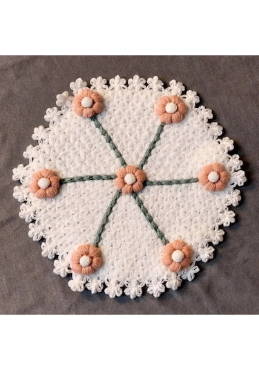 Uretti - Kenan 2196 - 1656 El Örgüsü Yavruağzı Çiçek Motifli Beyaz 3'lü Lif Seti