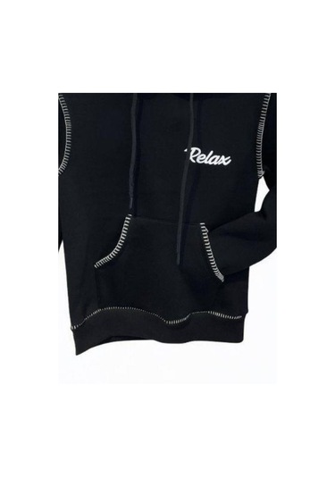 Erkek Çocuk Kapüşonlu Biye Detaylı Şardonlu Kalın Tasarım Sweatshirt-15196 Siyah