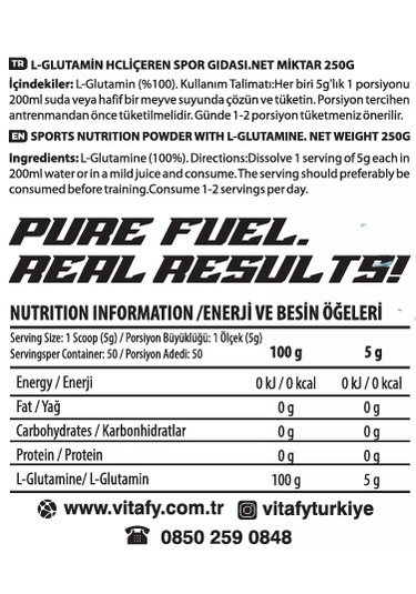 Vitafy Glutamine 50 Servis Aromasız 250 G