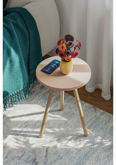 İntergo Yuvarlak Ahşap Ayaklı Tekli Zigon Yan Sehpa Cappucino