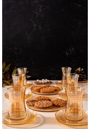 Mest Dmt 18 Parça 6 Kişilik Lüsterli Pasta Tabaklı Çay Bardağı Seti 132 Cc - Parlak Ve Zarif Füme