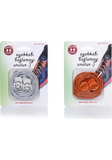 Magic Locks Yuvarlak Akıllı Ayakkabı Bağcık 2'li Set Beyaz-Turuncu