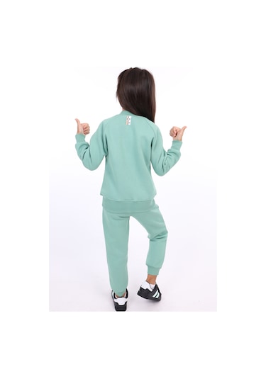 Kız Çocuk 2'li Takım Nakış Baskılı Bebe Yaka Fermuarlı Sweatshirt & Beli Lastikli Bol Paça Eşofman Altı - 3 İplik Şardonlu Yeşil