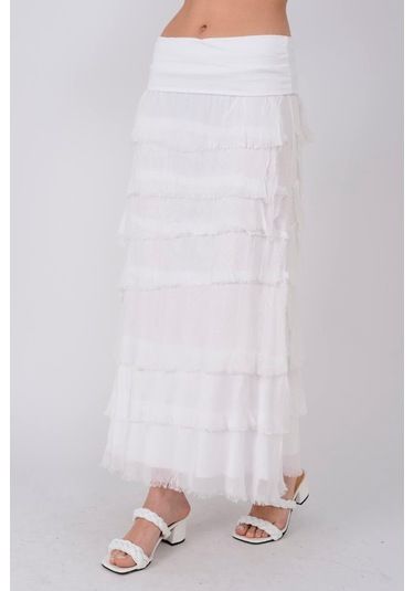 İtalyan 2 Beden Ince Gösteren Kat Kat Ipek Etek & Straplez Elbise Beyaz