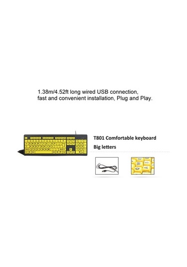 Dancemonkey 10 Sarı Renkli Kablolu Usb Büyük Baskı Klavye, Düşük Görme İçin Yüksek Kontrast, Geniş Kullanıcılar Klavyesi