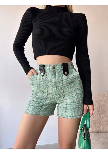 Biçomi Çıtçıtlı Siyah Köprü Tüvit Şort Yeşil Yeşil