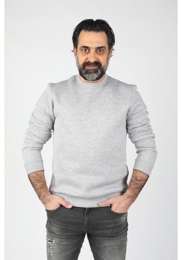 Erkek Sıfır Yaka Ribanalı Sweatshirt Gri