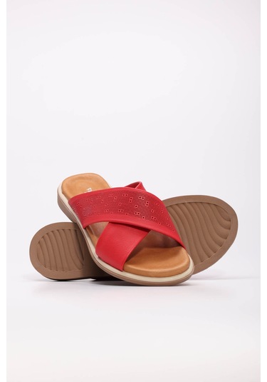 Hakiki Deri Kadın Düz Terlik 972za1201 Kırmızı