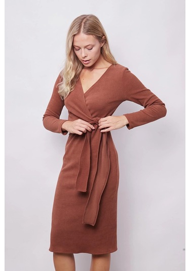 Kadın Hafif Likralı Triko Kruvaze Anvelop Bağcıklı Uzun Kol Diz Altı Uzun Elbise-fındık Kabuğu Fındık Kabuğu Kadın Hafif Likralı Triko Kruvaze Anvelop Bağcıklı Uzun Kol Diz Altı Uzun Elbise-fındık Kabuğu Fındık Kabuğu
