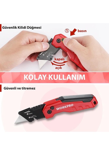 Workpro Wp211026 Katlanır Çok Amaçlı Profesyonel Rötuş Maket Bıçağı + 14 Adet Yedek Bıçak