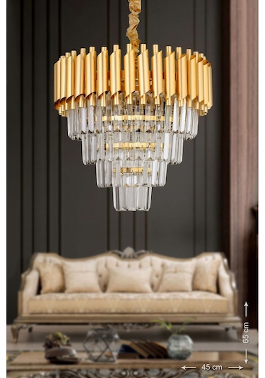 Palmira 45'lik Kristal Taşlı Lüks Avize - Sarı-yaldız Sarı Yaldız