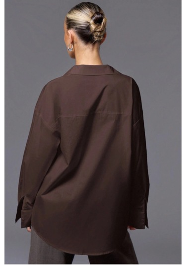 Tarz Cool Kadın Oversize Gömlek Uzun Kollu Basic Salaş Kesim Poplin Trend Şık Günlük Gömlek Kahverengi