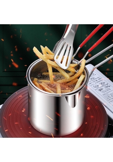 Novahub 304 Paslanmaz Çelik Süzgeçli Süt Tencere, Mutfak Yardımcısı, Patates Kızartması, Tempura, Fritöz Tava Gümüş