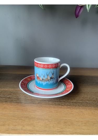 Yeni Yıl-noel Baba Geyik Model 4 Parça 2 Kişilik Porselen Türk Kahvesi Fincan Takımı Çok Renkli