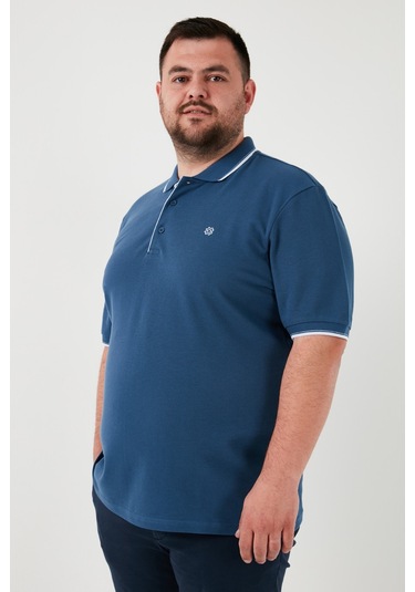 Buratti Büyük Beden Pamuklu Regular Fit Erkek Polo Yaka T Shirt 5902118B Koyu Mavi-Beyaz