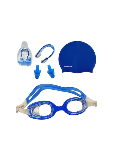 Avessa 3'lü Çocuk Havuz Set 2323 Gözlük + Bone + Tıkaç Mavi Beyaz