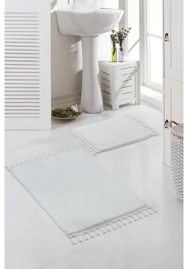 Vl Yıkanabilir Premium Ponpon Saçaklı Kaymaz Taban Post Peluş Banyo Paspası 2'li Takım Antrasit Beyaz