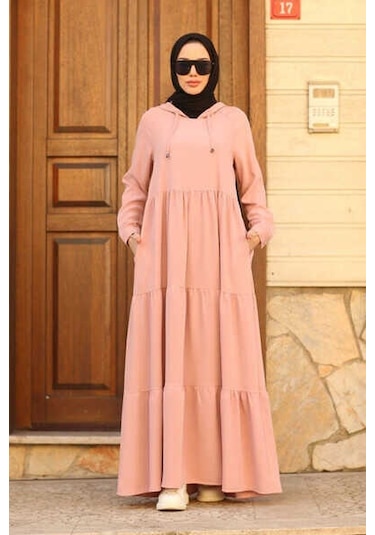 Neways 6531-Krep Kapüşonlu Reglan Kollu Elbise Pudra