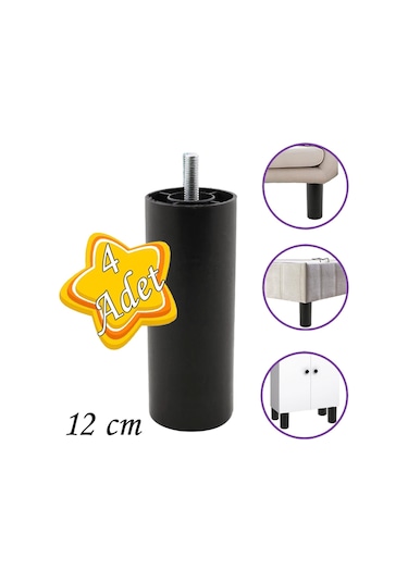 4 Adet Silindir Destek Ayağı 12 Cm Siyah Gizli Ayak Mobilya Kanepe Baza Koltuk Dolap Sehpa Tv Ünitesi Ayağı