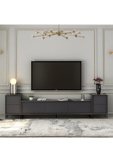 İmaj Tv Ünitesi Ve Komodin Set Traverten/gold, Oturma Odası Set, Tv Sehpası - Antrasit Antrasit