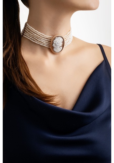 Cameo İtaliano İnci Küpeli Kız 18 Ayar Sarı Altın Kaplama Gümüş Choker Kolye Rose Gold