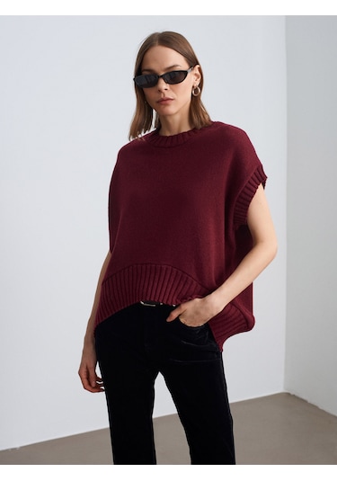Dilvin 10839 Yün Karışımlı Oversize Süveter-bordo Bordo