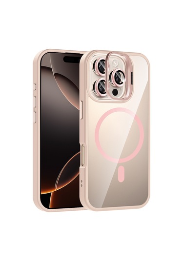 Mobilefix Iphone Uyumlu 16 Pro Max Kılıf Standlı Ve Kamera Lens Hediyeli M-safe Şarj Özellikli Kisamarka Pembe