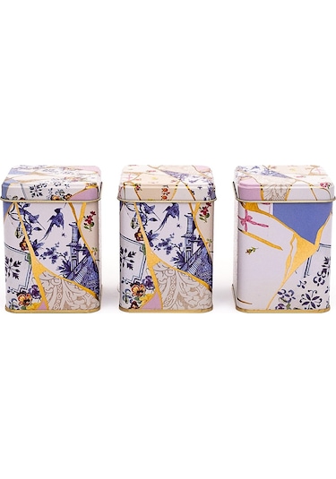 Kint Sugi Desenli Kare Metal Saklama Kabı 3 Lü Set, 7.5 X 7.5 Cm Çok Renkli