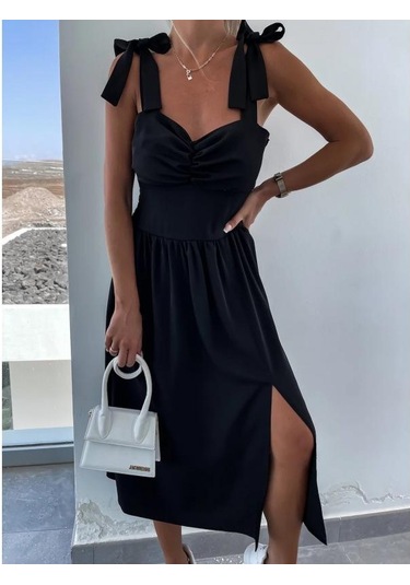 Kadın Yaz Baskılı Seksi Boyundan Bağlamalı Günlük Bölünmüş Elbiseler Siyah