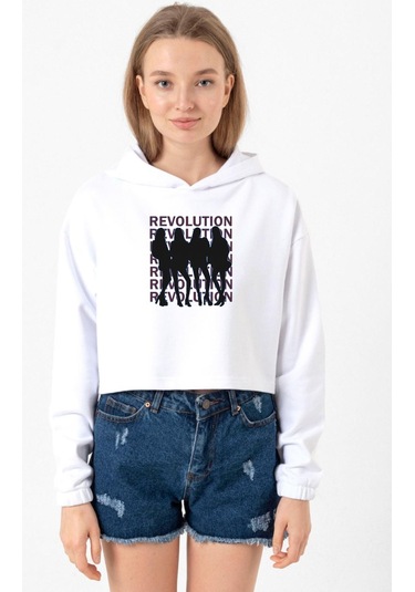 Blackpink Revolution Beyaz Optik Kadın Crop Kapşonlu 001