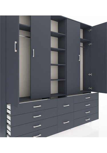 Arges Dolap 9 Raflı 10 Çekmeceli 2 Askılı 220x30x243 Antrasit-antrasit/antrasit Antrasıt/antrasıt