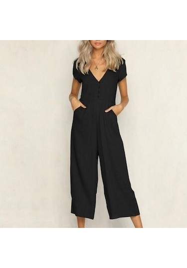 Toridas Keten Günlük Yazlık V Yaka Kısa Paça Tasarım Kadın Tulum Ln1010siyah 001