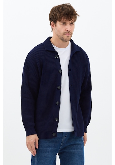 Tarz Cool Lacivert Düğme Detaylı Regular Fit Hırka Mat Lacivert