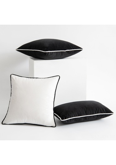 Youmex Koyu Siyah Beyaz Kenarlı Kadife İpli Detaylı Modern Minimalist Ev Dekoru Yastık Kılıfı - 45x45 Cm, Yastık Yok Oturma Odası,样板房 Kullanıma Uygun Siyah Beyaz