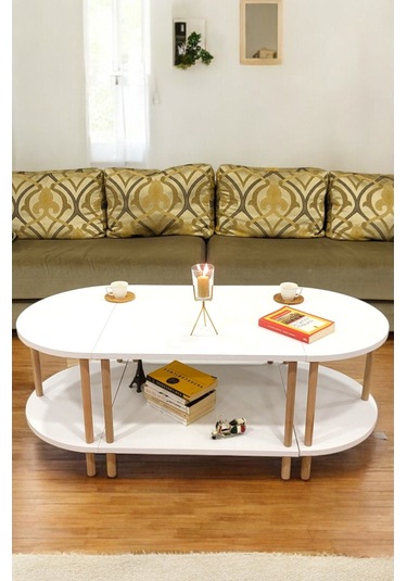 Çevir Kur 3'ü 1 Arada 2 Raflı Orta Sehpa Ve Dekoratif Yan Sehpa Gazetelikli Beyaz