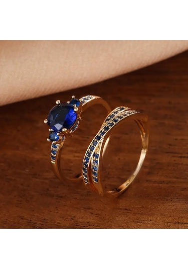 Vintage Altın Rengi Yuvarlak Kesim Mavi Taş İç İçe Yüzük Seti Düğün Band Yüzük Seti Sevgililer Günü Hediyesi 7 Mavi