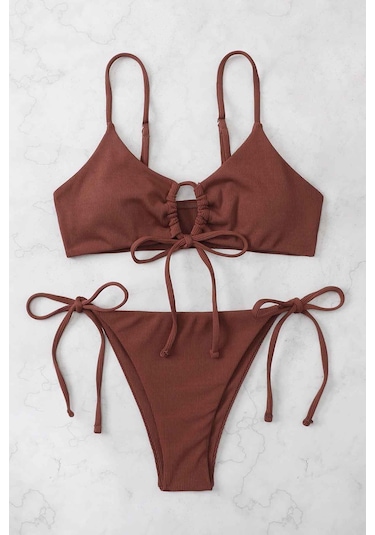 Angelsin Rib Dokulu Ön Ve Yan Bağcık Detaylı İpli Brezilya Bikini Takımı Kırmızı