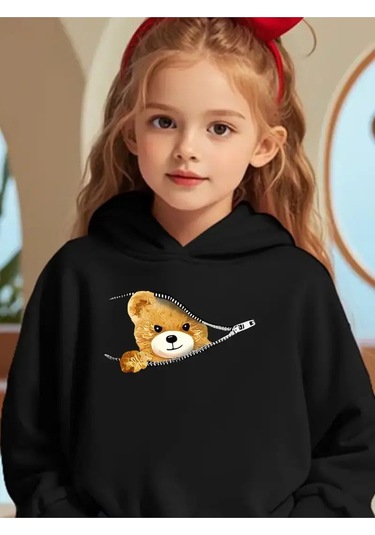 Kızlar İçin Sonbahar Kışlık Kapüşonlu Sweatshirt Fermarlı Ayıcık SiYAH